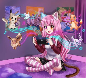 akemithekitten charmander chloeakemi eevee gen_1_pokemon gen_7_pokemon happy mimikyu nintendo nintendo_switch original pokemon poster_(object) sitting