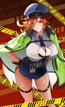 1girl absurdres alternate_costume between_breasts black_bra blue_necktie blue_skirt bra breasts caution_tape cleavage commentary_request genshin_impact green_jacket hat highres id_photo jacket keep_out large_breasts long_hair mavuika_(genshin_impact) miniskirt necktie necktie_between_breasts pencil_skirt police police_hat police_uniform policewoman red_background red_eyes red_hair sevenninet47503 shirt skirt smile solo symbol-shaped_pupils thigh_strap thighs underwear white_shirt