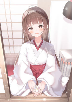 Rule 34 | 1girl, :d, absurdres, blush, breasts, brown eyes, brown hair, collarbone, hakama, hakama skirt, head tilt, highres, holding, japanese clothes, kimono, long hair, long sleeves, looking at viewer, medium breasts, miko, omamori, open mouth, original, outstretched hand, pov, red hakama, shrine, skirt, smile, snow, solo, ukiwakisen, upper body, white kimono, wide sleeves, winter