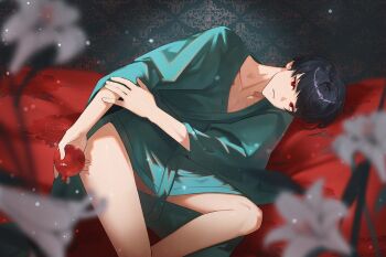 1boy 8083_blue black_hair blanket blurry blurry_foreground collarbone commentary feet_out_of_frame food fruit green_kimono holding holding_food holding_fruit hoshina_soshiro japanese_clothes kaijuu_no._8 kimono looking_at_viewer male_focus pomegranate red_eyes short_hair sitting solo wallpaper_(object) white_lily