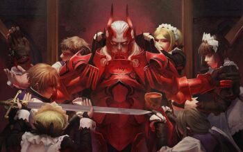 3girls 4boys apron armor artist_name black_trim butler cape chalice cup dressing_another edgar_markov elpisofhope fake_horns fire_emblem fire_emblem_awakening full_armor gauntlets hair_bun helmet highres holding holding_cup holding_sword holding_weapon horned_helmet horns magic:_the_gathering maid maid_apron maid_headdress multiple_boys multiple_girls nintendo outstretched_arms ponytail red_armor red_eyes red_light servant shoulder_pads sword walhart_(fire_emblem) weapon white_hair