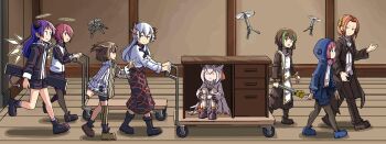 Rule 34 | 1boy, 6+girls, arknights, artist request, asymmetrical legwear, blue hair, blue poison (arknights), boots, brown hair, demon horns, demon tail, desk, doctor (arknights), dragon horns, energy wings, exusiai (arknights), feather hair, glasses, halo, highres, horns, long skirt, magallan (arknights), mostima (arknights), multiple girls, pantyhose, pink hair, ptilopsis (arknights), red hair, rhine lab (arknights), saria (arknights), shoes, shorts, silence (arknights), skirt, socks, tail, thighhighs, uneven legwear