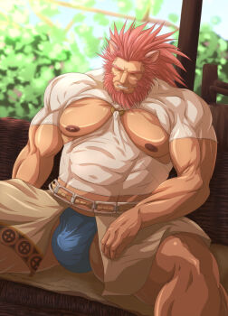 1boy animal_ears bara bare_pectorals beard blue_male_underwear caineghis_(fire_emblem) closed_eyes clothing_cutout commentary_request facial_hair fire_emblem fire_emblem:_path_of_radiance large_pectorals large_variant_set male_focus male_underwear muscular muscular_male nintendo nipples nisetetsuo pectorals red_hair sitting solo underwear variant_set