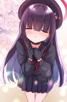 beret black_choker black_hair black_hat black_sailor_collar black_serafuku blue_archive blush cherry_blossoms choker closed_eyes commentary_request covered_eyes gloves hair_over_eyes halo hat highres imminent_kiss justice_task_force_(blue_archive) justice_task_force_member_(blue_archive) long_bangs long_hair neckerchief pov red_halo red_neckerchief ringo_sui sailor_collar school_uniform serafuku