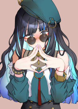 1girl bare_shoulders beret black_hair black_shorts blue_hair blush bracelet breasts buttons colored_inner_hair double-breasted eyeliner fate/grand_order fate_(series) green_hat green_jacket grey_eyes hat highres jacket jewelry long_hair long_sleeves looking_at_viewer makeup multicolored_hair neck_ring o-ring off_shoulder round_eyewear shorts sidelocks small_breasts solo sunglasses tenochtitlan_(fate) tenochtitlan_(second_ascension)_(fate) yugensangyo