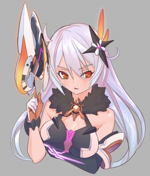 Rule 34 | + +, 1girl, ahoge, arm under breasts, asymmetrical gloves, black gloves, breasts, commentary, cropped torso, dress, gloves, grey background, gun, hair ornament, handgun, highres, honkai (series), honkai impact 3rd, kiana kaslana, kiana kaslana (herrscher of the void), large breasts, long hair, looking at viewer, matsushita yuubin, mismatched gloves, open mouth, simple background, solo, very long hair, weapon, white dress, white gloves, white hair, yellow eyes