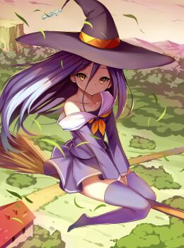 10s 1girl :< between_legs broom broom_riding chess_piece collarbone crazyodin female_focus full_body hair_between_eyes hand_between_legs hat highres hill house long_hair long_sleeves looking_at_viewer neckerchief no_game_no_life no_shoes off_shoulder outdoors path pleated_skirt purple_hair purple_thighhighs road school_uniform serafuku shiro_(no_game_no_life) shirt skirt solo thighhighs v_arms white_hair witch_hat yellow_eyes