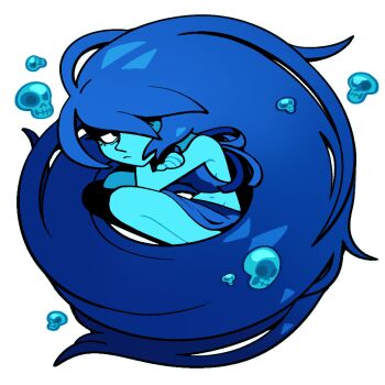 1girl alternate_hair_length alternate_hairstyle blue_hair blue_skin breasts closed_mouth colored_skin crop_top discount-supervillain lapis_lazuli_(steven_universe) shirt simple_background skull solo steven_universe water