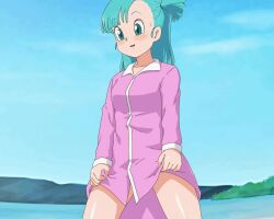 1girl animated aqua_hair blush bow bow_panties breasts bulma cameltoe dragon_ball dragon_ball_(classic) female_focus flashing goldmondsel green_eyes highres lake lifting_own_clothes light_blush navel no_bra one_eye_closed open_mouth panties side_ponytail smile solo tagme underboob underwear video white_panties