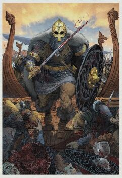 armlet armor belt blonde_hair blood bloody_weapon boots bracelet brown_pants cape chainmail christian_sloan_hall fur-trimmed_boots fur_cape fur_trim gold_armlet gold_belt gold_bracelet guro helmet holding holding_shield holding_sword holding_weapon intestines jewelry leather leather_boots longship original pants polearm shield solo_focus spear sword viking weapon