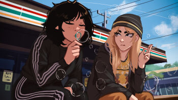 2girls absurdres beanie black_hair black_jacket black_track_suit blonde_hair blowing_bubbles blue_sky bubble building cigarette cloud commentary convenience_store english_commentary feet_out_of_frame freckles hat highres holding holding_cigarette jacket jessie_(veyonis) long_hair looking_at_another medium_hair multiple_girls orange_pants original outdoors pants parted_lips power_lines print_shirt shirt shop sitting sky smoke smoking track_suit utility_pole veyonis yellow_shirt yuna_(veyonis)
