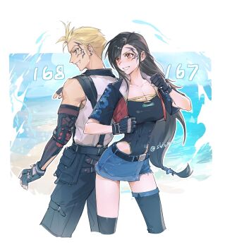 1boy 1girl back-to-back bare_shoulders black_gloves black_hair black_leotard black_shorts black_sleeves black_thighhighs blonde_hair blue_eyes blue_skirt border breasts cleavage collarbone cosplay costume_switch cowboy_shot cropped_jacket cropped_legs denim denim_skirt dolphin_hair_ornament earrings elbow_gloves elbow_pads facial_tattoo fighting_stance final_fantasy final_fantasy_vii final_fantasy_vii_remake final_fantasy_viii fingerless_gloves gloves grin hair_between_eyes highres jewelry large_breasts leotard lily_(shio1006) long_hair low-tied_long_hair miniskirt ocean parted_lips red_eyes short_hair shorts single_earring single_elbow_pad skirt smile spiked_hair suspenders tank_top tattoo teeth thighhighs tifa_lockhart tifa_lockhart_(cosplay) twitter_username white_border white_tank_top zell_dincht zell_dincht_(cosplay)