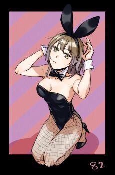 1girl animal_ear_hairband animal_ears black_bow black_bowtie black_leotard black_shoes bow bowtie breasts brown_eyes brown_hair cleavage commentary_request detached_collar earrings fake_animal_ears fishnet_pantyhose fishnets from_above frown full_body hairband high_heels highleg highleg_leotard highres jewelry kneeling leotard medium_breasts medium_hair original pantyhose playboy_bunny rabbit_ear_hairband rabbit_ears shibakou shoes side-tie_leotard solo strapless strapless_leotard stud_earrings traditional_bowtie wrist_cuffs