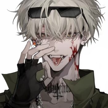 1boy akanbe bags_under_eyes body_writing chain chain_necklace close-up crazy evil_smile eyelid_pull eyewear_on_head from_above hair_over_one_eye high_collar jacket jewelry long_neck looking_at_viewer male_focus messy_hair necklace open_collar open_mouth original reference_sheet short_hair sketch slit_pupils smile smirk solo_focus straight-on tongue tongue_out white_eyes white_hair zhishiwan