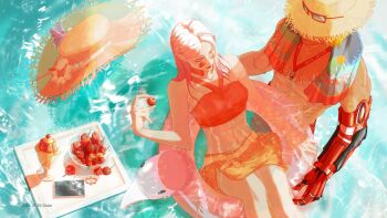 1boy 1girl abs ashe_(overwatch) cassidy_(overwatch) cherry cup dessert durinlee flamingo_innertube food fruit goggles hat highres holding holding_cherry holding_food holding_fruit innertube lipstick makeup mechanical_arms muscular muscular_male ocean orange_skirt orange_tube_top overwatch overwatch_2 partially_submerged pectorals phone pink_hair pool_float prosthesis prosthetic_arm red_lips skirt strapless straw_hat sunglasses towel towel_around_neck tube_top water whistle whistle_around_neck