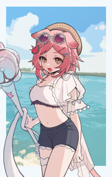 1girl animal_ears arknights bikini black_shorts breasts cat_ears cat_girl cat_tail cleavage cloud cowboy_shot day eyewear_on_head floppy_ears flower-shaped_eyewear food food-themed_hair_ornament fruit goldenglow_(arknights) goldenglow_(summer_flowers)_(arknights) hair_ornament hairclip highres looking_at_viewer minamit navel ocean official_alternate_costume open_mouth outdoors pink_hair purple-tinted_eyewear short_hair shorts sky smile solo standing summer sunglasses swimsuit tail tinted_eyewear watermelon watermelon_hair_ornament watermelon_slice white_bikini yellow_eyes