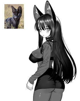 1girl absurdres alternate_hair_color animal_ears ass black_bra black_choker black_hair blonde_hair blush borrowed_character bra bra_visible_through_clothes breasts cat_girl choker creature_and_personification highres large_breasts multiple_views original personification photo_inset reference_inset see-through_clothes see-through_shirt serval shirt simple_background sinssa4 slit_pupils underwear white_background