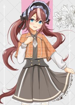 1girl absurdres animal_ears black_bow blue_eyes blush bonnet bow brown_hair collared_shirt commentary_request flower grey_necktie grey_shirt grey_skirt hair_between_eyes highres horse_ears horse_girl horse_tail jacket long_hair long_sleeves looking_at_viewer multicolored_hair necktie open_mouth orange_jacket shirt skirt sky_wing12 smile solo streaked_hair tail tokai_teio_(umamusume) twintails two-tone_hair umamusume