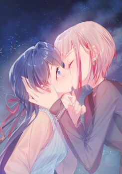 2girls black_shirt blue_eyes blue_hair blue_sweater_vest bracelet closed_eyes commentary_request earrings highres jewelry kiss link!_like!_love_live! long_hair love_live! mimori_(cotton_heart) multiple_girls murano_sayaka night night_sky outdoors red_streaks shirt short_hair sky star_(sky) starry_sky sweater_vest tears white_hair yugiri_tsuzuri yuri
