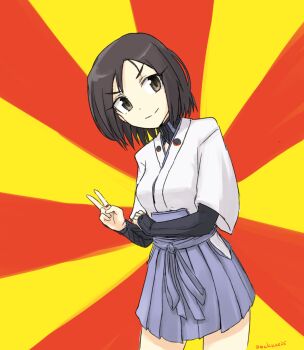 Rule 34 | 1girl, bracer, brown eyes, brown hair, eyebrows, female focus, hakama, hakama skirt, head tilt, highres, japanese clothes, jewelry, kuroda kunika, macedonian flag, makaze (t-junction), meme, neta, noble witches, pleated skirt, ring, short hair, signature, skirt, smile, solo, strike witches, sunburst, v, world witches series