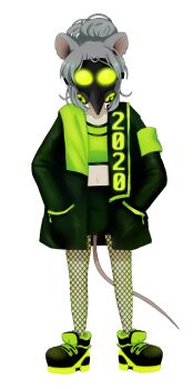 1girl 2020 animal_ears armband black_skirt chinese_zodiac collarbone crop_top fishnets flat_chest full_body gallaxi gas_mask glowing glowing_eyes green_armband green_jacket green_shirt green_shoes green_trim grey_hair hands_in_pockets jacket mask midriff mouse_ears mouse_girl mouse_tail navel neon_trim original ponytail shirt shoes short_hair skirt straight-on tail transparent_background year_of_the_rat