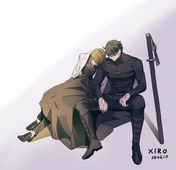 2boys artist_name black_coat black_hair black_shirt boots chest_belt coat commentary_request curled_up faceless facing_another from_above full_body hands_on_another&#039;s_shoulders hands_on_own_legs kim_dokja korean_commentary leaning_forward male_focus multiple_boys multiple_scars omniscient_reader&#039;s_viewpoint on_ground open_clothes open_coat planted planted_sword planted_weapon popped_collar scabbard scar scar_on_hand sheath shirt short_hair sitting spread_legs sword weapon white_coat xiro yoo_joonghyuk