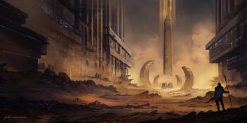 1other bad_link building city_lights dust from_behind holding holding_polearm holding_weapon jjcanvas landscape light_rays night original painterly pillar polearm rock sand scenery science_fiction signature sky spear standing star_(sky) starry_sky tower watermark weapon web_address