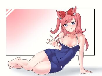 1girl agnes_digital_(umamusume) alternate_costume animal_ears blackuma blush bow breasts closed_mouth collarbone commentary_request full_body hair_bow horse_ears horse_girl long_hair looking_at_viewer navel pink_hair school_swimsuit simple_background small_breasts solo sweatdrop swimsuit umamusume