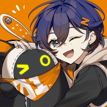 1girl ;d anzu_1026 bangboo_(zenless_zone_zero) belle_(zenless_zone_zero) black_shirt blue_hair blush commentary_request earrings eous_(zenless_zone_zero) green_eyes hair_between_eyes hair_ornament highres jacket jewelry long_sleeves looking_at_viewer one_eye_closed open_mouth orange_background shirt short_hair smile zenless_zone_zero