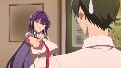 1boy 1girl animated anime_screenshot arm_behind_head arm_under_breasts black_hair black_skirt blush bouncing_breasts breasts cleavage closed_eyes collarbone colored_inner_hair covered_erect_nipples gradient_hair hair_ribbon haite_kudasai_takamine-san highres large_breasts long_hair multicolored_hair navel necktie no_bra off-shoulder_shirt off_shoulder pointing pointing_at_another purple_hair red_eyes red_necktie ribbon school_uniform shirota_takashi shirt sidelocks skirt smile sound stomach tagme takamine_takane unbuttoned unbuttoned_shirt unbuttoning undressing video walking white_ribbon white_shirt