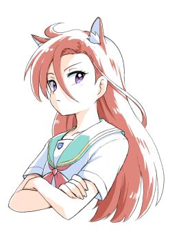 Rule 34 | 1girl, animal ear fluff, aozora middle school uniform, blue sailor collar, cat girl, closed mouth, commentary, cropped torso, crossed legs, hair between eyes, highres, kemonomimi mode, long hair, neckerchief, precure, purple eyes, red hair, red neckerchief, sailor collar, school uniform, serafuku, shirt, short sleeves, sideways glance, simple background, solo, takizawa asuka, tropical-rouge! precure, uraki, white background, white shirt