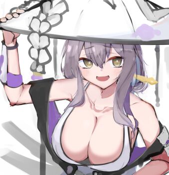 1girl :d adjusting_clothes adjusting_headwear armor asususususu bare_shoulders blush breasts collarbone goddess_of_victory:_nikke grey_hair hair_ornament hair_stick hat highres japanese_armor jingasa large_breasts large_hat leotard long_hair open_mouth scarlet_(nikke) shoulder_armor smile sode solo sweatdrop white_leotard yellow_eyes