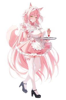 1girl animal_ear_fluff animal_ears apron black_shoes bow breasts cleavage clothing_cutout dress food fox_ears fox_tail full_body hair_intakes half_updo high_heels highres holding holding_tray large_breasts light_blush long_hair looking_at_viewer maid_headdress original pantyhose parfait pink_bow pink_hair shoes short_sleeves sidelocks smile solo standing strawberry_parfait tail thighhighs tray underboob_cutout very_long_hair white_apron white_background white_pantyhose yatanukikey yellow_eyes zettai_ryouiki
