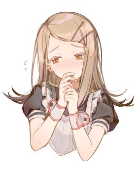 Rule 34 | 1girl, apron, artist name, averting eyes, black shirt, blonde hair, blush, cnsmsoup, colored eyelashes, covering own mouth, earrings, flipped hair, flying sweatdrops, frilled apron, frills, gakuen idolmaster, gradient hair, grey hair, hair ornament, hairclip, hands up, happy mille-feuille (idolmaster), heart apron, idolmaster, jewelry, long hair, looking to the side, maid, maid apron, multicolored hair, orange eyes, parallel hairclips, puffy short sleeves, puffy sleeves, shinosawa hiro, shirt, short sleeves, simple background, solo, stud earrings, swept bangs, upper body, white apron, white background, wrist cuffs