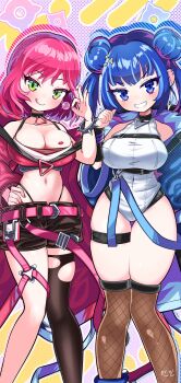 2girls belt blue_belt blue_coat blue_eyes blue_hair breasts candy chest_belt chupa_chups cleavage coat double_bun duel_monster evil_twin_ki-sikil evil_twin_lil-la food green_eyes hair_bun highres hyeonin_gentora jacket ki-sikil_(yu-gi-oh!) korean_text large_breasts lil-la_(yu-gi-oh!) lipstick_mark lipstick_mark_on_breast lollipop looking_at_viewer multiple_girls official_alternate_costume pink_belt pink_coat pink_hair short_hair smile thighhighs thighs yu-gi-oh!