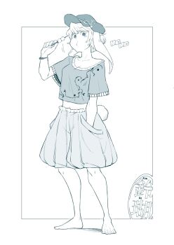 Rule 34 | 1girl, :t, adapted costume, animal ears, baggy shorts, barefoot, bracelet, newsboy cap, character name, commentary request, daitai konna kanji, dango, eating, food, full body, hand in pocket, hand up, hat, highres, holding, jewelry, looking at viewer, lop rabbit ears, mg mg, midriff, monochrome, navel, print headwear, print shirt, rabbit ears, rabbit tail, ringo (touhou), shirt, short hair, short sleeves, shorts, simple background, solo, tail, touhou, wagashi, white background