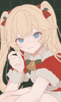 :3 bell blonde_hair blue_eyes christmas green_background grid_background hair_ornament hair_ribbon hand_up highres leaning_forward long_hair looking_at_viewer michele_(strinova) noire_neige ribbon santa_costume sidelocks simple_background sitting strinova thighs twintails