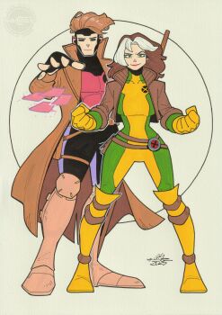1boy 1girl artist_name bodysuit boots brown_hair brown_jacket clenched_hands closed_mouth commentary commission full_body gambit green_bodysuit green_eyes highres jacket long_hair marvel marvel_rivals multicolored_hair rogue_(x-men) smile thigh_boots two-tone_hair white_hair x-men yellow_bodysuit yellow_boots ymd_131029