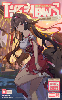 1girl animal_ears bare_shoulders breasts brown_hair commentary droopy_ears english_commentary english_text fox_ears fox_girl frills hair_ornament hairband highres long_hair looking_at_viewer official_alternate_costume official_art red_eyes red_skirt shirt skirt smile solo very_long_hair white_shirt ye_shunguang ye_shunguang_(touch_of_dawnlight) zenless_zone_zero