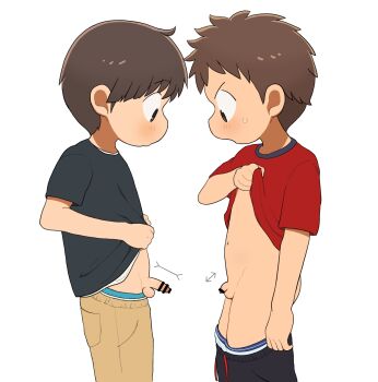 2boys aba_oji blush clothes_lift male_focus multiple_boys original penis penis_size_difference shirt_lift shota sweatdrop white_background