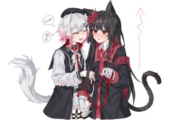 2girls absurdres animal_collar animal_ears armband arrow_(symbol) beret black_dress black_hair black_hat black_shirt black_skirt blush cat_ears cat_girl cat_tail closed_eyes collar commentary_request dog_ears dog_girl dog_tail dress fang flower gloves gradient_hair hair_flower hair_ornament hat highres holding holding_hands holding_leash interlocked_fingers kemonomimi_mode leash long_hair long_sleeves mahou_shoujo_no_majo_saiban multicolored_hair multiple_girls necktie nikaido_hiro o-ring o-ring_thigh_strap open_mouth pink_hair pleated_skirt red_armband red_collar red_eyes red_flower red_necktie sakuraba_ema shirt short_hair simple_background skirt smile speech_bubble standing tail thigh_strap white_background white_flower white_gloves white_hair x_hair_ornament yume_(454565427) yuri
