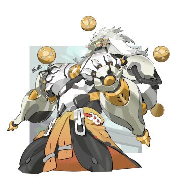 1boy apymian artificial_eye banyue_(zenless_zone_zero) biceps blush claws clothes_around_waist coin coin_on_string floating_ball from_side glowing glowing_eyes highres humanoid_robot long_hair male_focus mechanical_arms mechanical_eye mechanical_hands mechanical_legs muscular muscular_male orb pectorals robot robot_boy solo topless_male white_background white_hair zenless_zone_zero