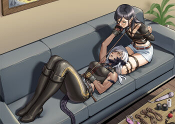 2girls arms_behind_back ball_gag bdsm bondage bound bound_arms bound_breasts bound_legs bound_torso commentary_request couch crotch_rope egg_vibrator frogtie gag glasses highres hitachi_magic_wand indoors lap_pillow leash multiple_girls on_couch original root001 rope shibari skindentation tail unworn_gag variant_set vibrator yuri