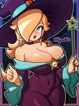 1girl bare_shoulders black_lips blonde_hair blue_eyes breasts choker cleavage covered_navel cowboy_shot dress earrings hair_over_one_eye hat holding holding_wand jewelry large_breasts long_hair long_sleeves mario_(series) nintendo nyazuli purple_dress rosalina skin_tight solo standing star_(symbol) star_earrings wand witch_hat