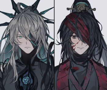 2boys absurdres ainchase_ishmael aqua_hair asymmetrical_sidelocks bags_under_eyes bandage_over_one_eye black_eyes black_hair black_hanfu black_robe black_shirt blood blood_on_clothes blood_on_face chinese_clothes chinese_commentary closed_mouth colored_inner_hair crossover elsword empty_eyes expressionless eyepatch family_hierarch_candidate_(identity)_(project_moon) green_eyes grey_hair hair_over_one_eye hairstyle_connection hanfu head_spikes herrscher_(elsword) high_ponytail highres hole_in_chest hole_on_body hong_lu_(project_moon) jitome limbus_company long_hair looking_at_viewer male_focus multicolored_hair multiple_boys one_eye_covered ponytail portrait project_moon red_bandage red_scarf robe scarf shirt sidelocks simple_background smile split_screen stole straight-on third_eye_on_chest turtleneck turtleneck_shirt very_long_hair white_background xiao_guan_(headdress) yingu494