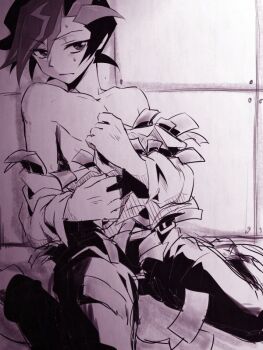 1boy against_wall banknote bare_pectorals bare_shoulders barefoot belt black_belt black_eyes black_hair black_male_underwear black_pants clenched_hand clothes_grab colored_bangs dappled_sunlight dollar_bill dress_shirt facing_to_the_side fujiki_yusaku grey_eyes gripping_clothes hand_on_own_chest holding holding_money holding_paper holding_shirt holding_unworn_clothes implied_prostitution leaning_back lifting_own_clothes male_focus male_prostitution male_underwear money monochrome necktie nude on_ground open_belt open_clothes open_fly open_pants open_shirt outdoors pants paper pectorals prostitution sanagi_2 shirt sitting spiked_hair sunlight sweatdrop tile_wall tiles topless_male underwear undone_necktie unworn_shirt wariza yu-gi-oh! yu-gi-oh!_vrains