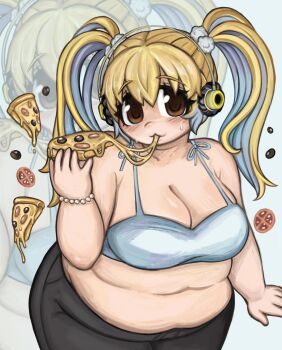 Rule 34 | 1girl, :3, bare shoulders, black pants, blonde hair, blue background, blue bra, blue hair, blue ribbon, blush, bra, breasts, brown eyes, cleavage, collarbone, eating, fat, fat woman, food, headphones, holding, holding food, holding pizza, huge breasts, looking at viewer, multicolored hair, navel, nitroplus, pants, pizza, pizza slice, plushvampy, ribbon, small sweatdrop, stomach, super pochaco, tomato, tomato slice, twintails, underwear, zoom layer