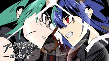 1boy 3girls ao_oni_(onioni-aoi) arknights bare_shoulders black_jacket blue_hair brown_eyes brown_hair ch&#039;en_(arknights) character_request clenched_teeth collared_shirt commentary_request eye_contact green_hair grey_shirt highres horns hoshiguma_(arknights) jacket long_hair looking_at_another multiple_girls necktie orange_hair red_eyes red_necktie shirt single_horn teeth translation_request ttgl_eyecatch white_jacket white_shirt