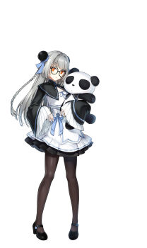 1girl :< absurdres black-framed_eyewear black_nails black_pantyhose black_shoes black_shrug blue_bow bow braid bun_cover closed_mouth closers collared_shrug crop_top double_bun full_body glasses grey_hair hair_bow hair_bun high-waist_skirt high_heels highres hugging_doll hugging_object layered_skirt legs_apart long_hair looking_at_viewer mandarin_collar mary_janes miniskirt no_pupils official_art orange_eyes pantyhose pigeon-toed round_eyewear shirt shoes shrug_(clothing) side_braid skirt skirt_bow sleeves_past_wrists solo standing stuffed_animal stuffed_panda stuffed_toy tachi-e teardrop-framed_glasses tina_(closers) white_background white_shirt wide_sleeves