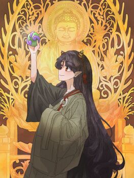 Rule 34 | 1girl, absurdres, arm up, black hair, buddha, closed mouth, commentary request, food, from side, fruit, green robe, hair between eyes, highres, holding, holding food, holding fruit, horn ornament, horns, long hair, long sleeves, looking up, nippaku zanmu, pointy ears, red eyes, robe, smile, solo, standing, statue, touhou, very long hair, wide sleeves, wohihohira (harisuwa), yellow horns
